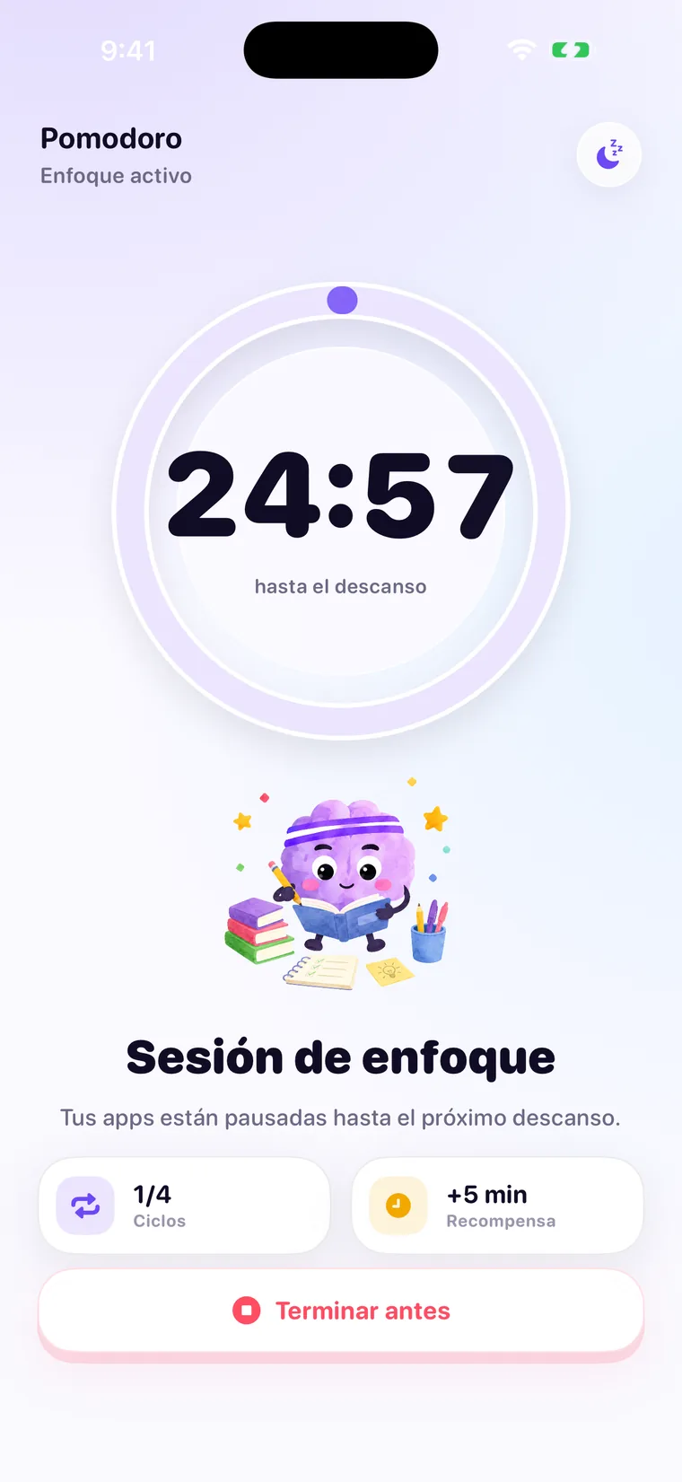 Sesión de enfoque Pomodoro en Mindbrake